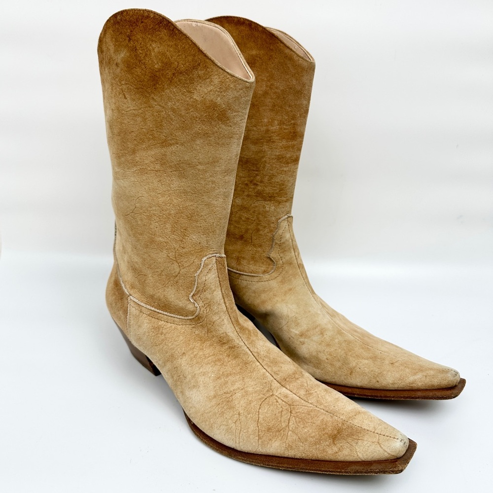 Latitude Femme Leather Suede Cowboy Boots Square Toe Tan Size 37.5 Made in Italy